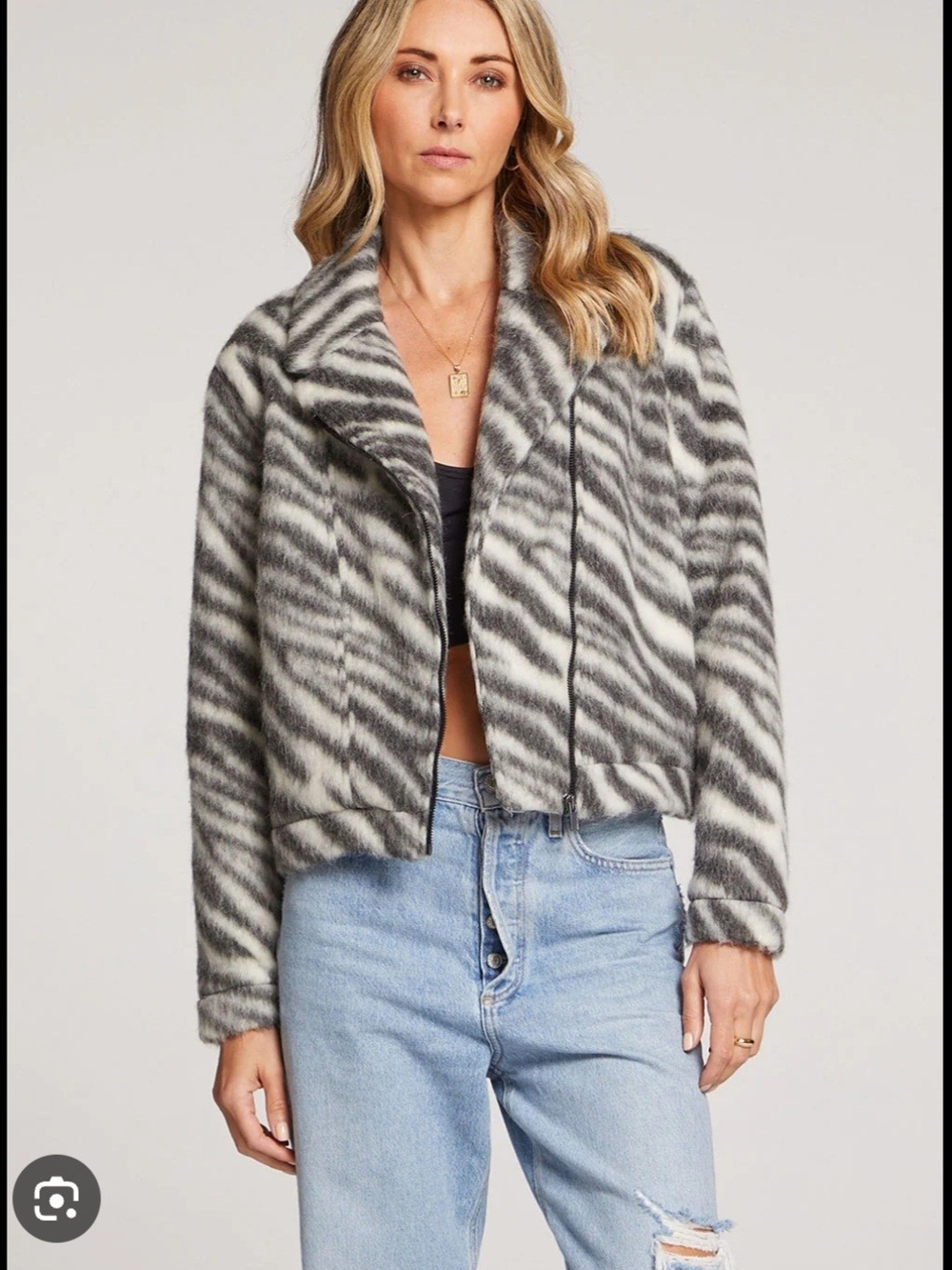 saltwater LUXE Gray & White Striped Faux Fur Teddy Jacket